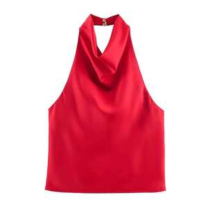 Vente en gros Nouveauté été Débardeur sexy <span class=keywords><strong>dos</strong></span> <span class=keywords><strong>nu</strong></span> en satin texturé pour femme, style rétro chic et élégant, à col licou - Product Image 3