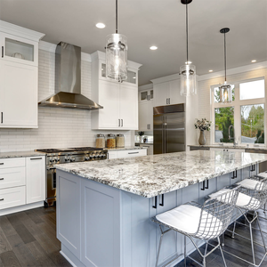 CBMmart-armarios de cocina de estilo lacado azul claro, Panel de puerta empotrada de 2 PAC, encimera blanca, Panel de puerta de vidrio marrón - Product Image 1