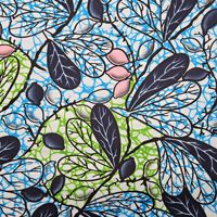 Tissu en polyester Ankara à imprimé botanique africain, motif feuilles bleues naturelles, pour robes de mode personnalisées pour femmes