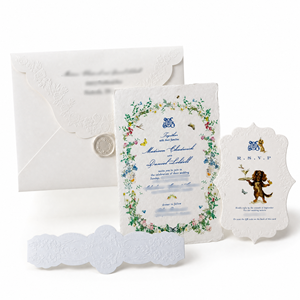 Suite d'invitations de mariage en papier fait main à bords festonnés, invitations florales aquarelles avec sceau de cire et enveloppe, cartes de mariage personnalisées - Product Image 1