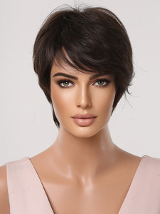 Foto reale marrone nero <span class=keywords><strong>corta</strong></span> elfo Bobo testa <span class=keywords><strong>parrucca</strong></span> sintetica con stratificazione naturale e frangia adatto per uomini e donne - Product Image 6