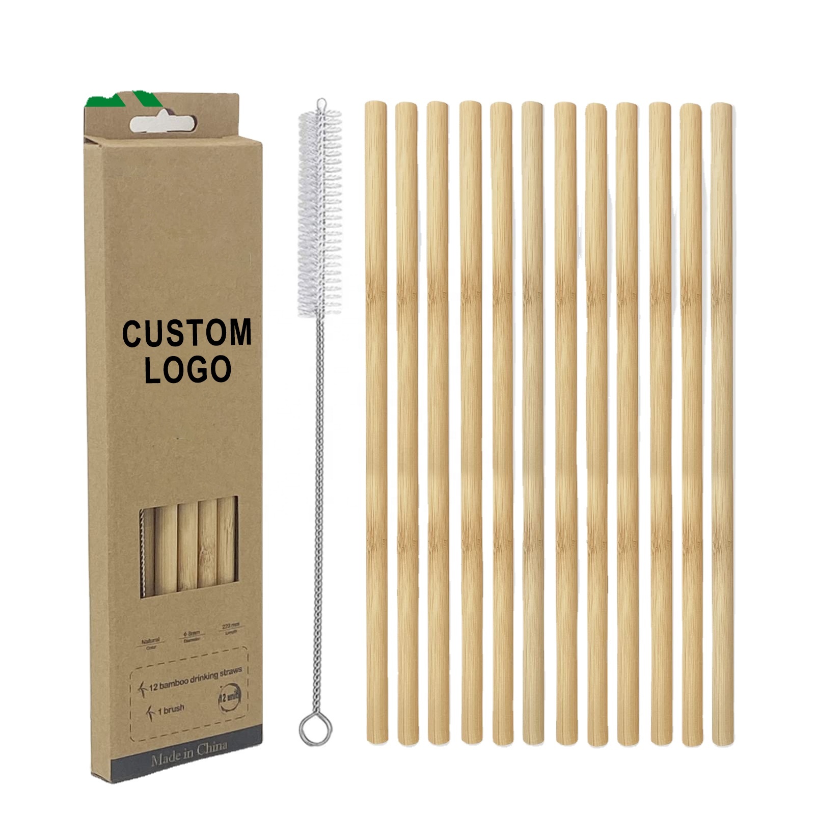 Custom Logo Packaging Reusable 12 Pack Wholesale 100% Eco Friendly Natural Organic Biodegradable Fibre Drinking Bamboo Straws