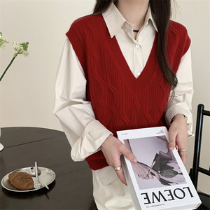 Pullover tinta unita senza maniche maglia maglia maglia lana scollo a V gilet donna per donna inverno - Product Image 3