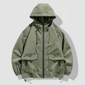 Veste coupe-vent à capuche avec doublure intérieure, double poche, couleur unie, vêtements de travail contrastés, vêtements d'hiver, vert clair - Product Image 1