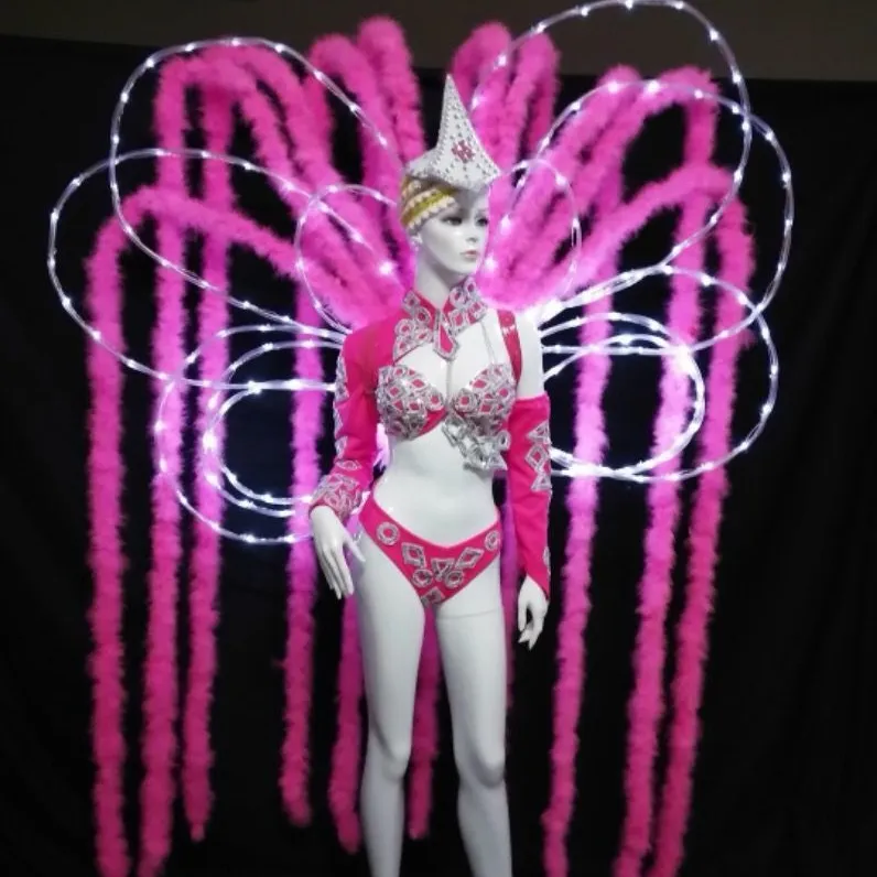 Disfraz de samba personalizado para mujer, luz LED de color rosa, traje de baile de fondo con plumas para carnaval