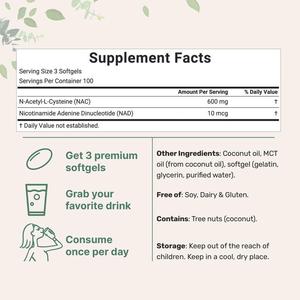 <span class=keywords><strong>NAC</strong></span> avec NAD+ en gélules molles 600mg, enrichi en huile MCT, <span class=keywords><strong>300</strong></span> unités - Product Image 2