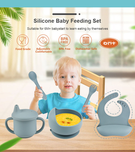 Ensemble d'alimentation pour bébé en silicone, assiette à ventouse, bol, cuillère, fourchette, design rond de couleur unie, kit de repas pour enfants - Product Image 4