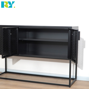 Meuble <span class=keywords><strong>TV</strong></span> moderne pliable en acier noir avec panneaux de porte perforés pour salons, chambres ou bureaux - Product Image 3