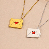 Collier avec pendentif en forme d'enveloppe ouvrable, en acier inoxydable, avec un cœur rouge en cristal, charme en forme de lettre d'amour, plaqué or, bijoux imperméables