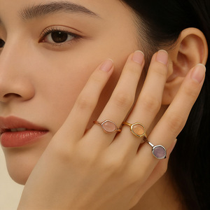 Rose Quartz <b>Ring</b> 316 Stainless Steel Geometric Shape <b>Pinky</b> <b>Ring</b> Women's Jewelry Gift - Product Image 1