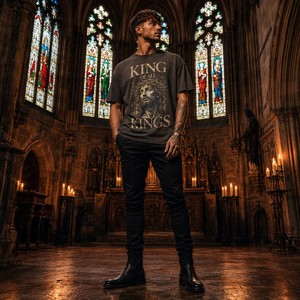 Camiseta Gráfica Gris Oscuro con Estampado Rey de Todos los Reyes, Collage Religioso de Jesús, Tipo de Letra Roja, Estilo Vintage Urbano, Metour, Venta al por Mayor, Personalizada - Product Image 2