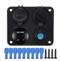 Prise de courant double USB 4-en-1 12V-24V à monter sur panneau avec voltmètre et prise secteur pour voiture, camion, camping-car, bus