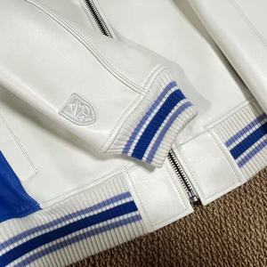 Avirex Genuine Leather <strong>Jacket</strong> for <strong>Men</strong> <strong>White</strong> Stand-up Collar European Lambskin US Size Varsity True Leather Clothing Coats - Product Image 4