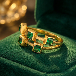 The Verdant Trifecta Golden Symphony Rhodium Plated Three Emeralds Green Gemstone Ethnic Design <b>Ring</b> - Product Image 3