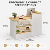 Bureau d'accueil blanc avec rangement ouvert, comptoir bicolore et armoire latérale pour l'aménagement intérieur des entreprises