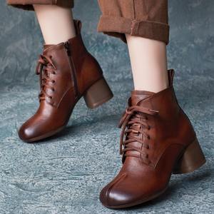 รองเท้าบูทหุ้มข้อหนังแท้สไตล์อังกฤษทรงสวยสำหรับฤดูใบไม้ร่วงและฤดูหนาว หัวเหลี่ยม ซิปด้านข้าง พื้นหนา ส้นบล็อก พร้อมเชือกผูก - Product Image 2