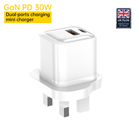 Cargador de Pared Aspor 30W GaN PD Tipo-C OTP con Enchufe para Reino Unido, Adaptador de Carga Rápida con Logotipo Personalizado A870