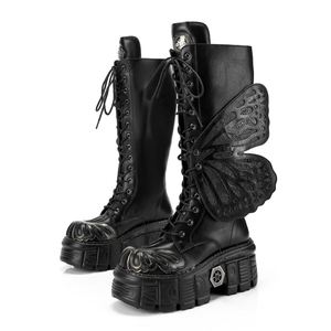 Botas Biker Plateadas Desgastadas Ultra Oscuras - Botas de Media Pantorrilla Estilo Punk con Plataforma Heavy Metal y Recortes de Alas de Mariposa para Mujer - Product Image 6
