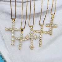 Kalung Liontin Salib Berlapis Emas Baja Anti Karat Berkualitas Tinggi NS1082 dengan Berlian Imitasi CZ Micro Pave, Perhiasan Religius Kristen