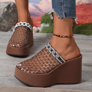 2025 yeni yaz moda Mesh Rhinestone Hollow nefes avrupa-amerikan büyük boy kalın alt kama sandalet - Product Image 1