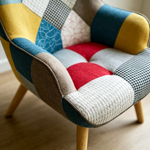 <span class=keywords><strong>Fauteuil</strong></span> Chesterfield à dossier haut Merry MR-AC026 en lin patchwork avec ottoman, tissu à carreaux, pieds en bois massif, design moderne, certifié BSCI - Product Image 3