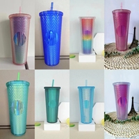 Tumbler Plastik 24oz Berhias Berlian dengan Sedotan, Mug Kopi Bling, Gelas Minuman, Botol Air Dinding Ganda, Perlengkapan Minuman untuk Rumah, Pesta, Kantor