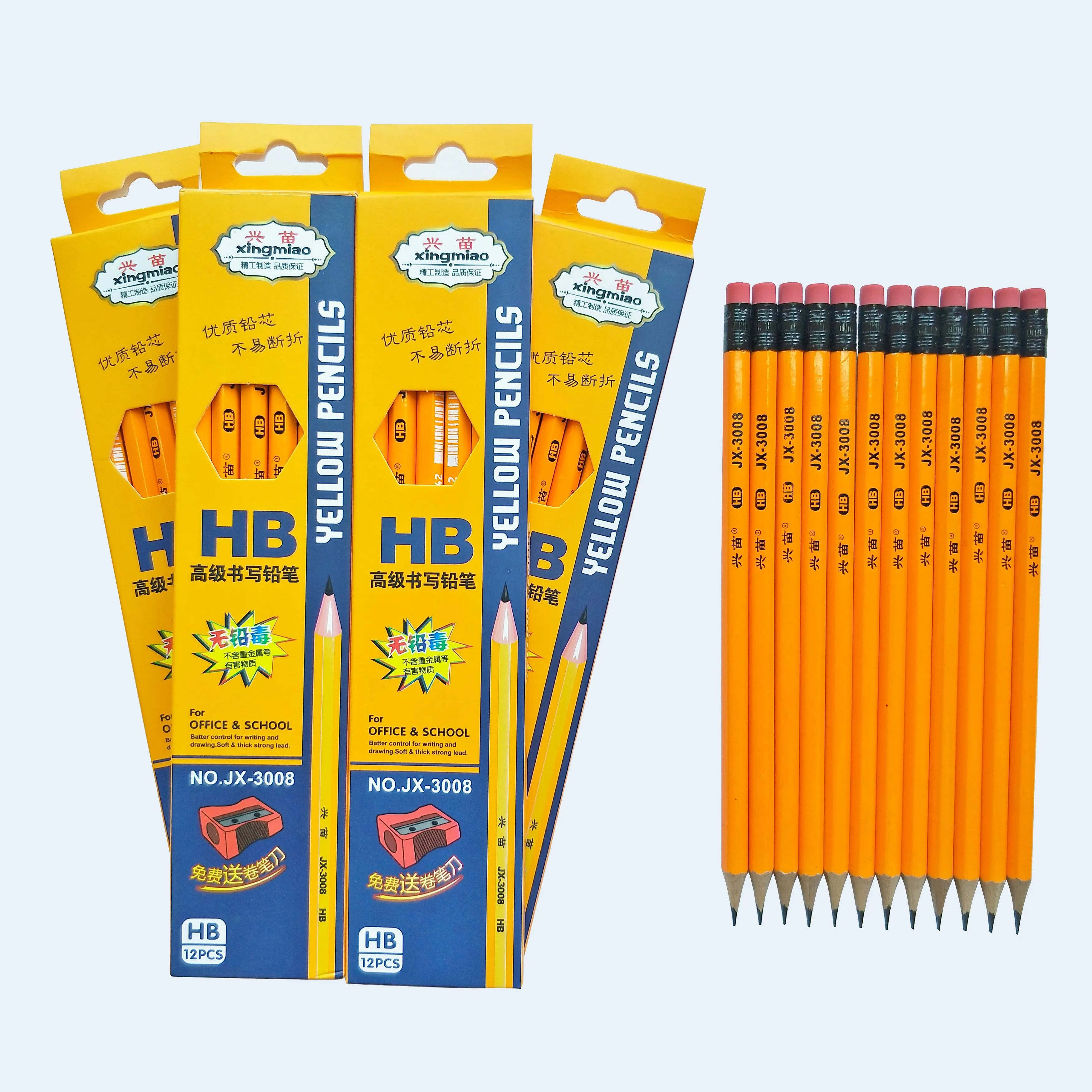 Lápiz HB con borrador y sacapuntas Lápices estándar Lápiz de madera Plomo suave Lujo Oficina y Escuela Logotipo personalizado amarillo Tamaño completo