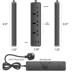 Multiprise portable avec prise standard européenne, protection contre les surtensions, rallonge murale, prise de courant USB, noir, multiprise universelle 3 - Product Image 4