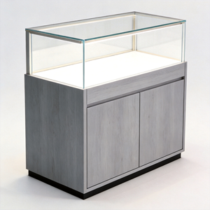 Mostrador de Exhibición de Isla con Vidrio Curvo y Acabado en Madera Oscura, Vitrina de Joyería de Lujo con Retroiluminación LED, Mobiliario Modular para Tiendas Minoristas - Product Image 2