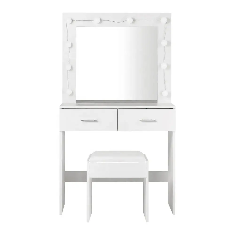 白い寝室の家具の化粧台はLEDの球根が付いている化粧台の机を構成します化粧のためのミラーの寝室の洗面台の机