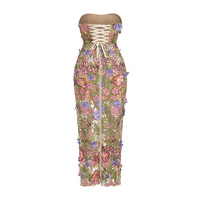 Robe longue moulante mi-longue élégante et décontractée pour femme, sans bretelles, avec broderie florale et maille transparente, idéale pour les fêtes et les tenues décontractées
