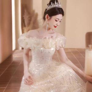 Off-Shoulder Champagne Organza Evening Gown A-Line Empire Waist Ruffles Graduation Banquet Dress Women's - Product Image 3