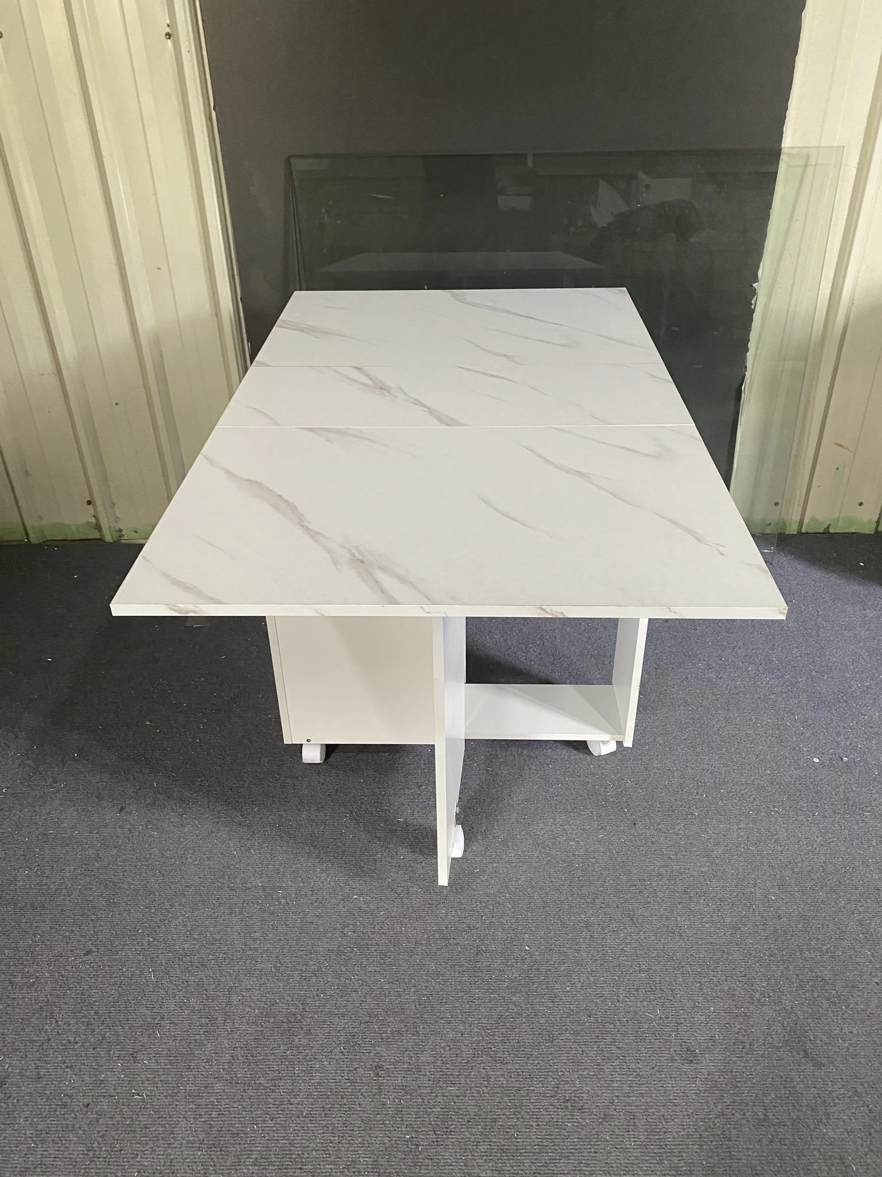 White Marble Folding Dining Table with 2 Storage Drawers and wheels  Movable Extendable Space Saving Kitchen Table in 3 Forms