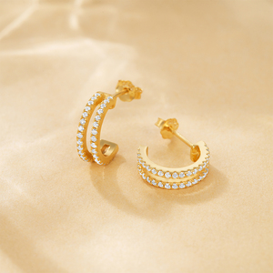 Pendientes de Plata S925 Chapados en Oro con Zirconia en Forma de C, Estilo Básico para Mujer - Product Image 2