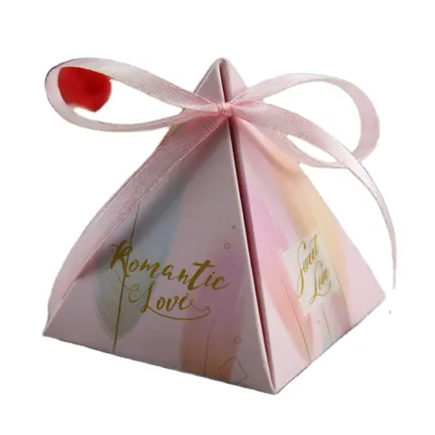 Factory Customize Wholesale from Stock Triangle Exquisite Cute Baby Wedding Candy chocolate Small Gift Paper Box With Ribbon Bow