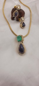 Designer gold-toned frame with diamond-style accents rectangular faceted <b>emerald</b> pear-shaped (teardrop) purple gemstone - Product Image 4