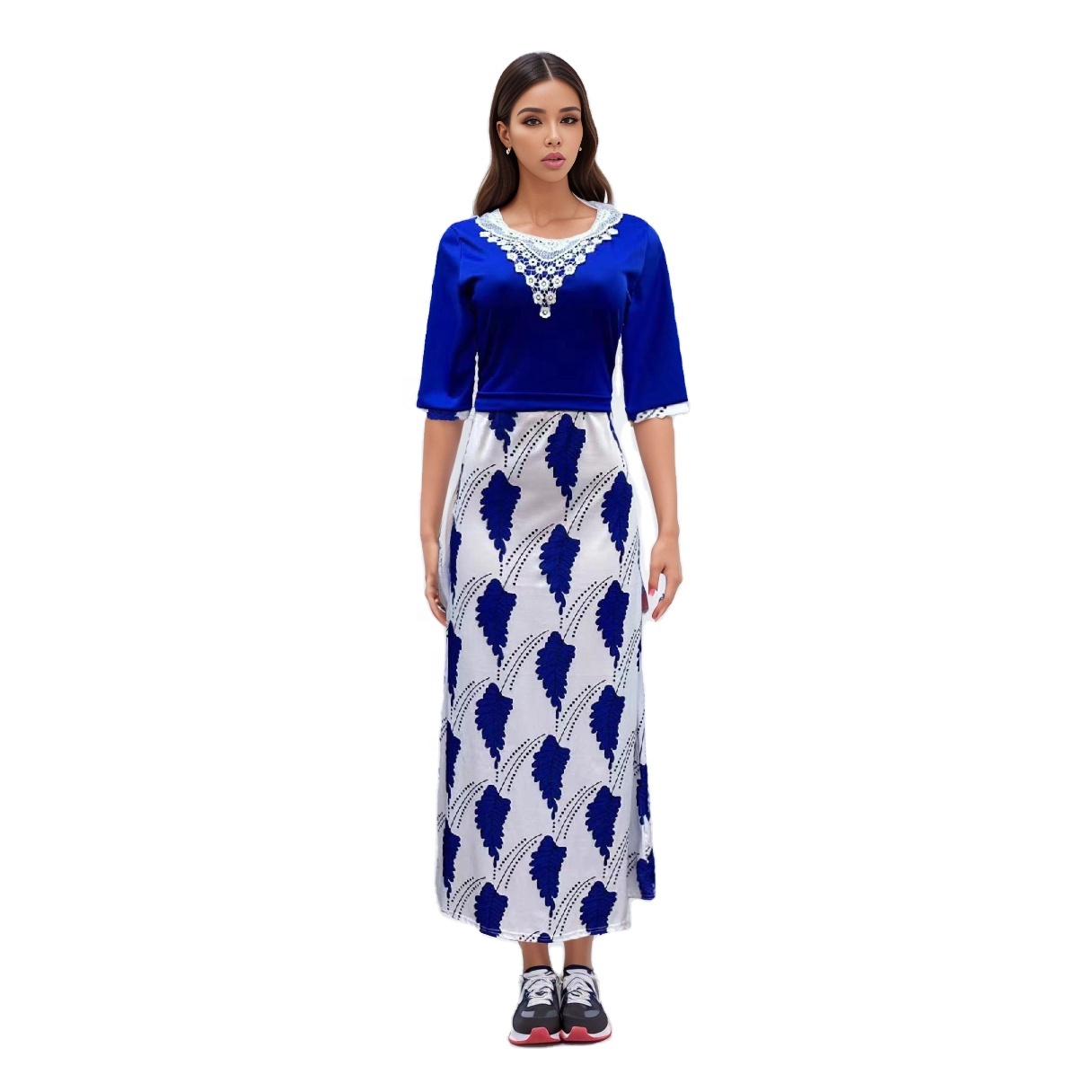 chinese dress ladies Blue Lace Button Down Dress