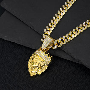 Collier Pendentif Tête de Lion Couronne Maillon Sportif Hip Hop Tendance Accessoires Homme Alliage Cristal Strass Ensemble Collection Souvenir - Product Image 3