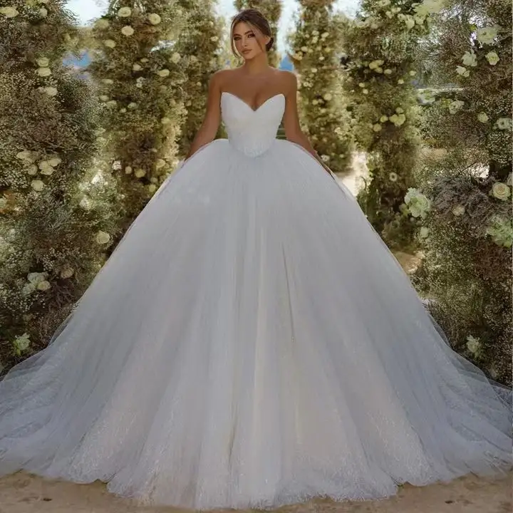 Robes de mariée élégantes plissées chérie robe de bal avec dentelle bling manches amovibles jupes de mariée