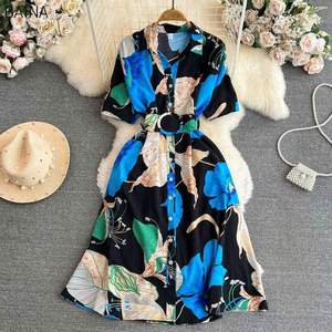 Nouvelle Robe Décontractée à Imprimé Floral pour Femme, Col Rabattu, Boutonnage Simple, Ceinture à la Taille, Coupe Trapèze Contrastante - Product Image 2