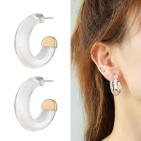 Boucles d'oreilles créoles en résine transparente avec placage or et cristaux clairs, vente en gros de bijoux fantaisie pour femmes