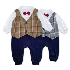 Bayi Laki-laki Baju Monyet Vintage Bayi Laki-laki Baju Pesta Coklat Abu-abu Katun Lengan Panjang Baju Monyet Bayi Bayi Bayi Pakaian Anak Pakaian