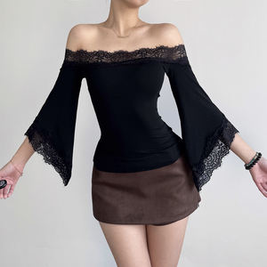 Camiseta de Manga Larga con Hombros Descubiertos y Ribete de Encaje Estilo Y2K para Mujer, Color Sólido, Manga Acampanada, Corte Ajustado, Top Elegante - Product Image 1