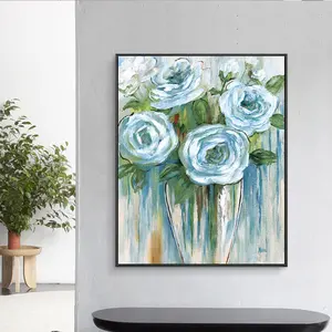 ภาพวาดสีน้ำมันอะคริลิคด้วยมือ100% ผ้าใบแคนวาสรูปดอกกุหลาบสีขาวทำด้วยมือสีน้ำมันอะคริลิคดอกไม้ขนาดใหญ่
