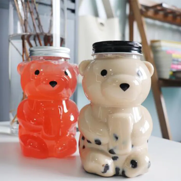 Frascos de urso em plástico 16 oz 500 ml, garrafas fofas de leite de mel de água, plástico com parafuso, para crianças