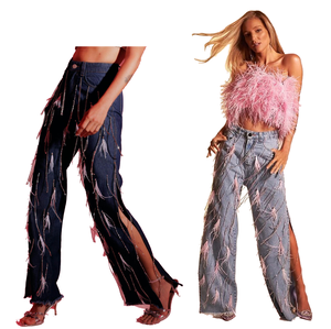 Think 2025 Jean évasé taille haute extensible pour femme, couleur unie, délavé vintage, à trous et à franges, respirant, coupe ample, Hiver Été - Product Image 1