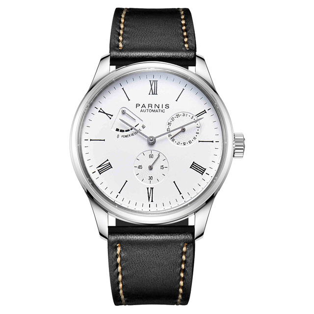 Parnis New 42mm Power Reserve Automatic Mechanical Men's Watch Black Leather Strap Analog Dial Wristwatches for Men Reloj Hombre