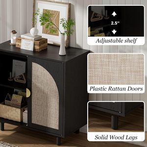 Buffet en rotin noir à <span class=keywords><strong>2</strong></span> <span class=keywords><strong>portes</strong></span> en cannage, style bohème, en bois, pour bar à café, salon, cuisine, couloir (1 pièce) - Product Image 4
