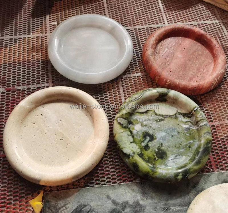 中国奢华石材冷玉绿色大理石上菜托盘雕刻圆形珠宝托盘圆边托盘