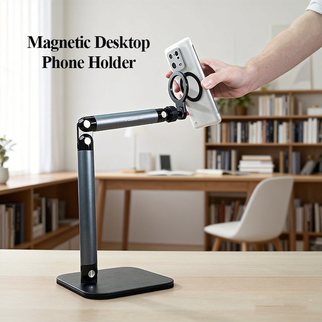 2026 New Alloy Magnetic Adjustable Folding Overhead Phone Mount for Live Streaming & Online Class Desktop Use